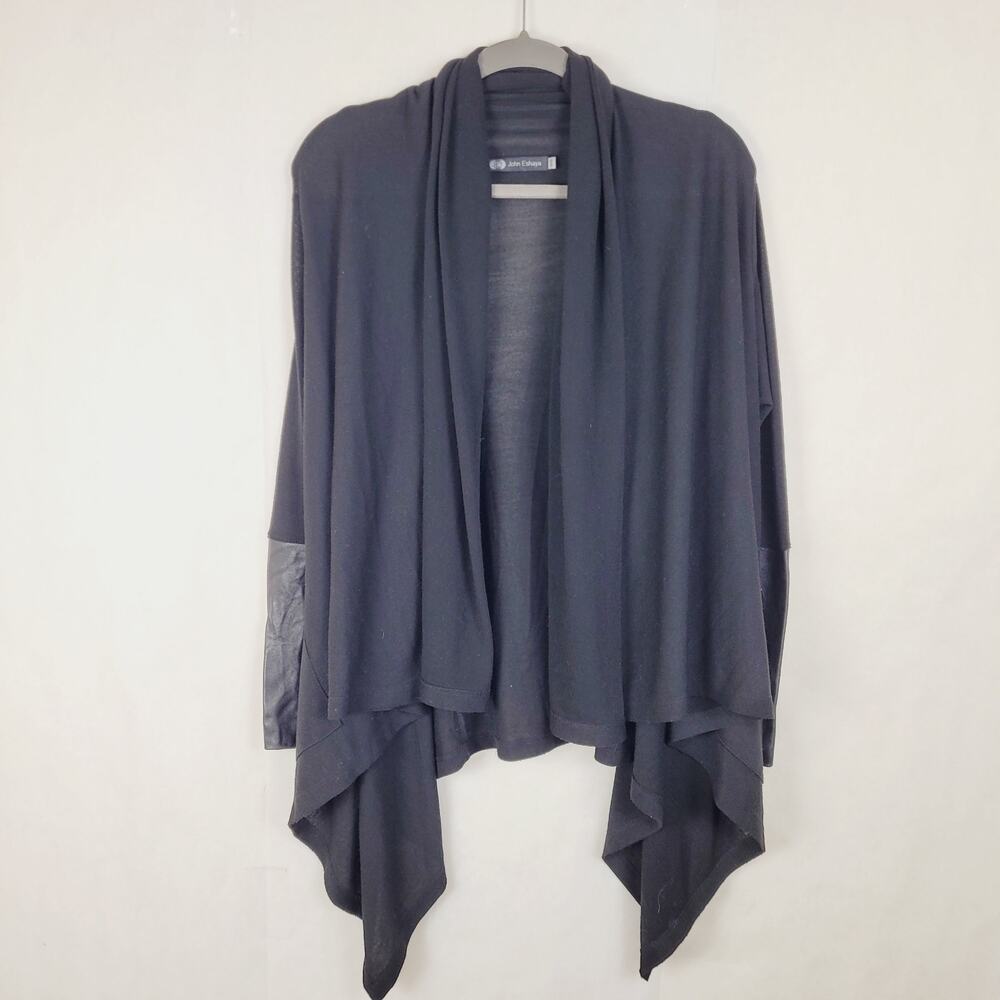 John Eshaya Jet black open front leather cuff cardigan made in USA One Size